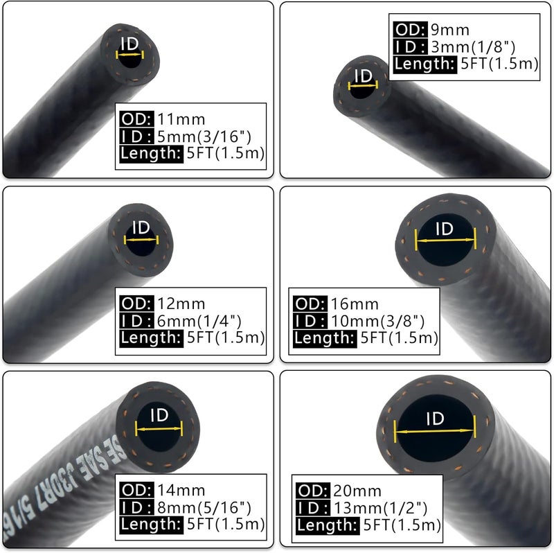 MSLANE طقم خرطوم خط الوقود 6 قطع 5 أقدام مع 30 مشبك، 1/8" 3/8" 5/16" 1/4" 1/2" 3/16" ID قفل دفع مطاطي معزز NBR لآلات جز العشب/المحراث/جرارات ATV ومعدات المحركات الصغيرة الأخرى - Image 2